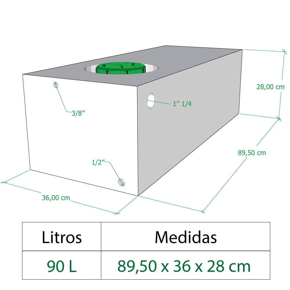 Depósito de água de 90 litros - 90x36x28 cm